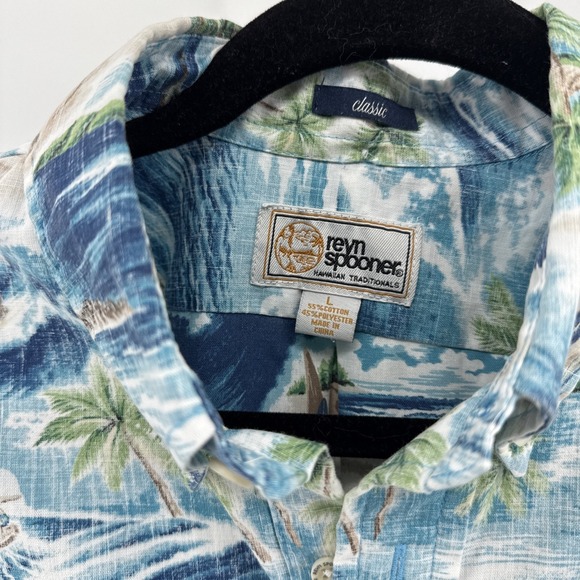 Reyn Spooner Hawaiian Shirt Mens Large Blue Ocean Surfer Print Pullover Pocket - Picture 4 of 10